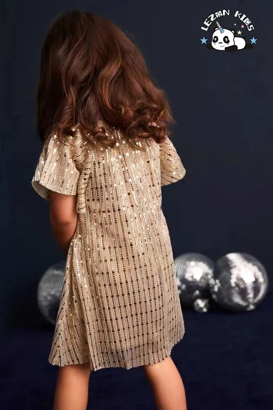 LEZONKIDS - Customizable High Quality Pretty Glitter Kids Dress Princess Dress Short Sleeves Angel Sequin Girls Dress
